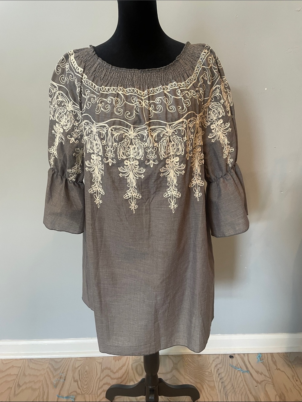 Grey with ivory embroidered design dress small
